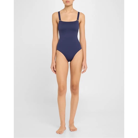 Becca Luxe Square-Neck One-Piece Swimsuit Corset Back Indigo Blue 12